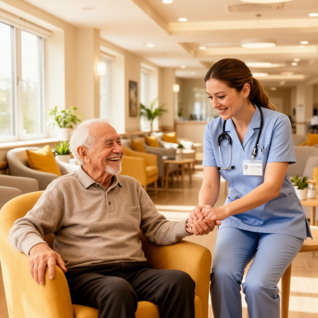 Happy elderly care home resident smiling while receiving quality care - representing successful private client acquisition for UK care homes